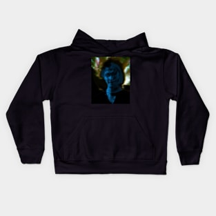 Portrait, digital collage and special processing. Man, like in night dreams. Demon. Glowing blue and colorful background. Kids Hoodie